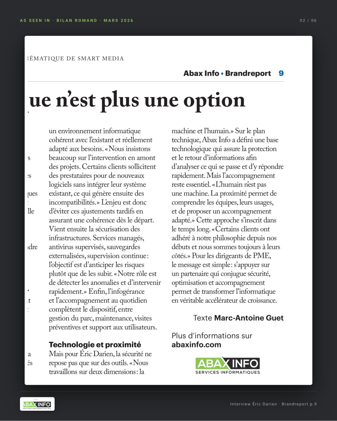 Slide 2 - Press feature Bilan Romand
